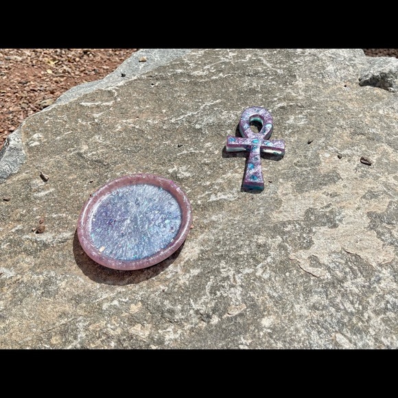 Purple Ankh glass art, Handmade Glass Art, Home Decor, Beach Crushed Shells - Picture 3 of 3